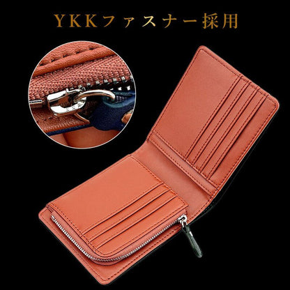 メンズ 二つ折り財布 牛本革 薄型・軽量 コンパクト カード18枚・小銭入れ付き