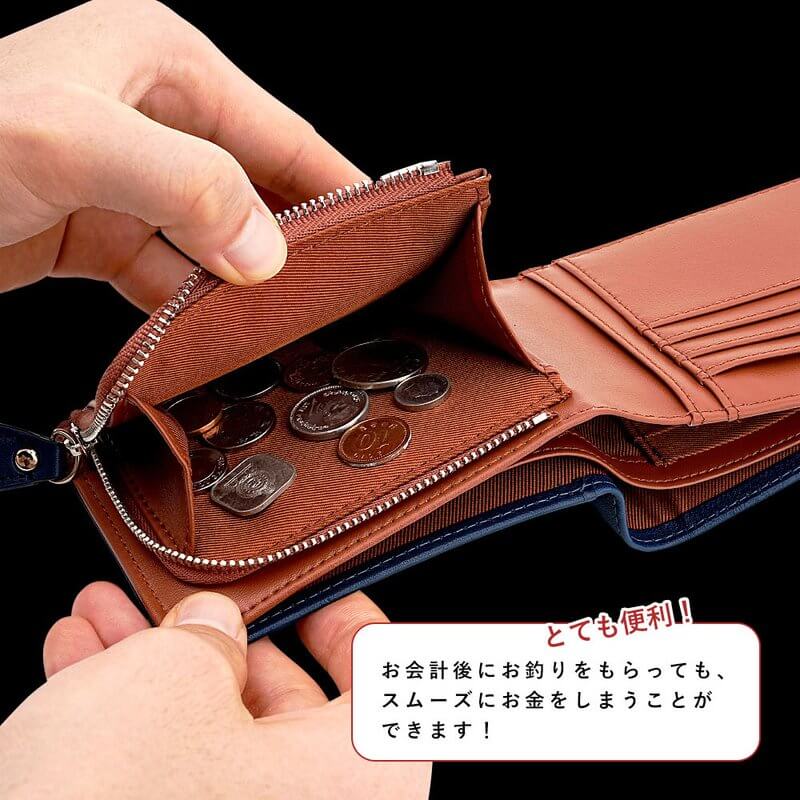 メンズ 二つ折り財布 牛本革 薄型・軽量 コンパクト カード18枚・小銭入れ付き
