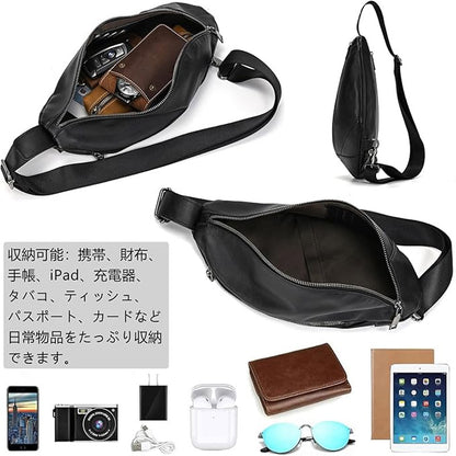【本革・防水・軽量】メンズ ボディバッグ ブラック｜iPad収納 ワンショルダー 左右掛け 通勤・自転車・アウトドア対応